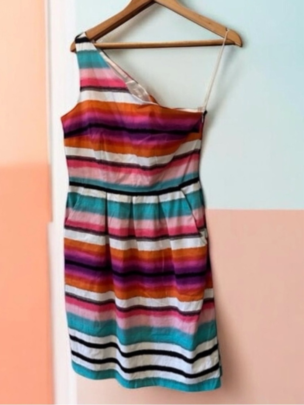 London Times Dress One Shoulder Striped Dit and Flare Women's Size 10 Multicolor